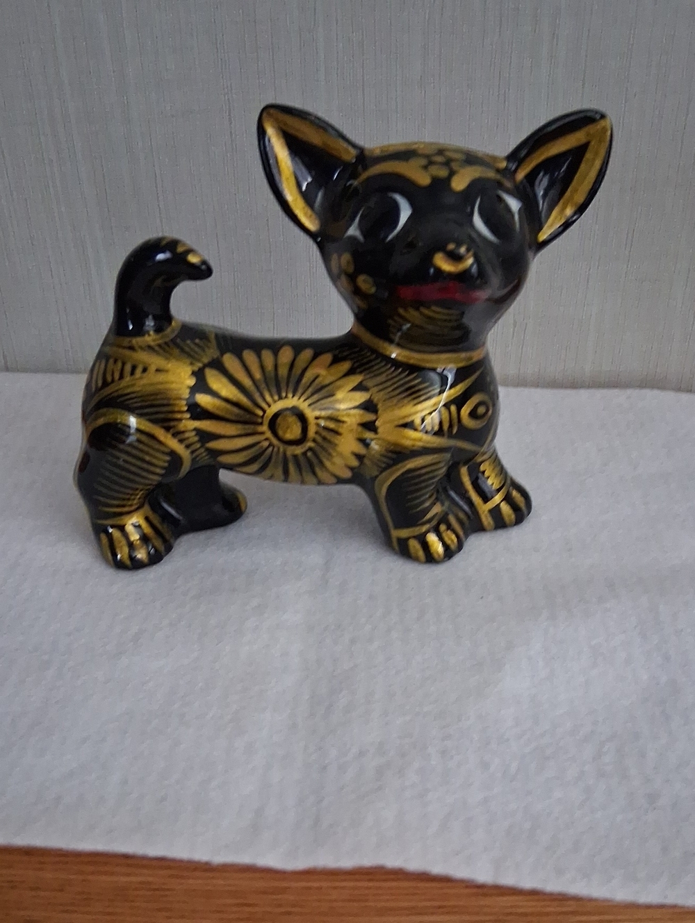 Hand-Painted Black and Gold Ceramic Dog Figurine by